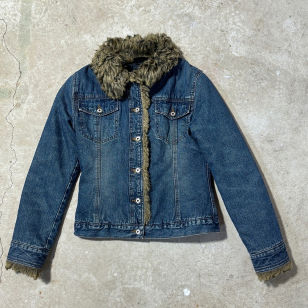 Vintage Xntrik Denim Jean Jacket Women’s Small Blue Faux Fur Trim Trucker Russia